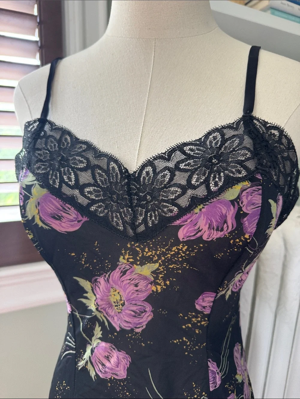 Vintage Black Slip Dress with Purple Floral Print - Picture 2 of 10